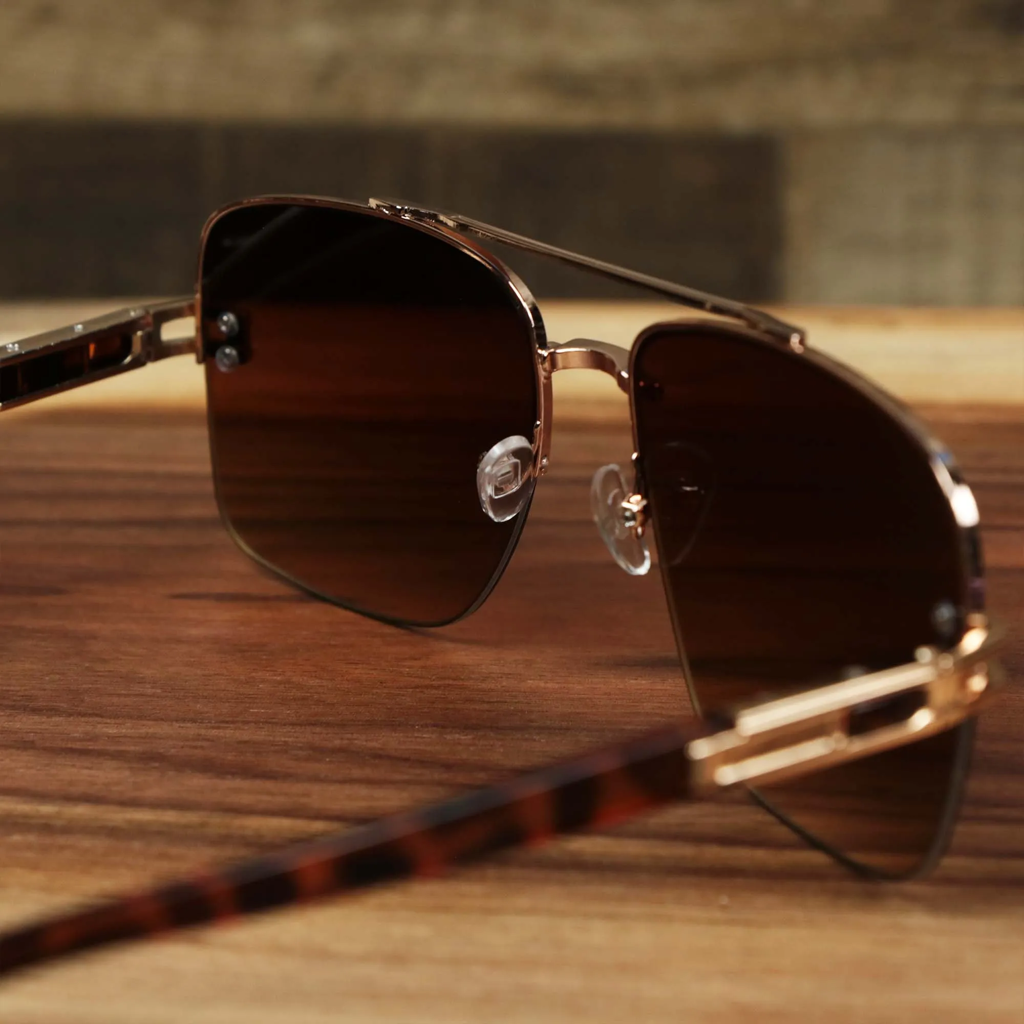 Round Rectangle Frame Brown Lens Sunglasses with Rose Gold Tortoise Frame