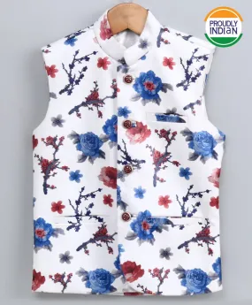 VASTRAMAY Boy's Imported Fabric Floral Print White Nehru Jacket