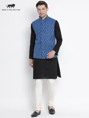 VASTRAMAY Men's Black Cotton Kurta, Ethnic Jacket and Pyjama Set