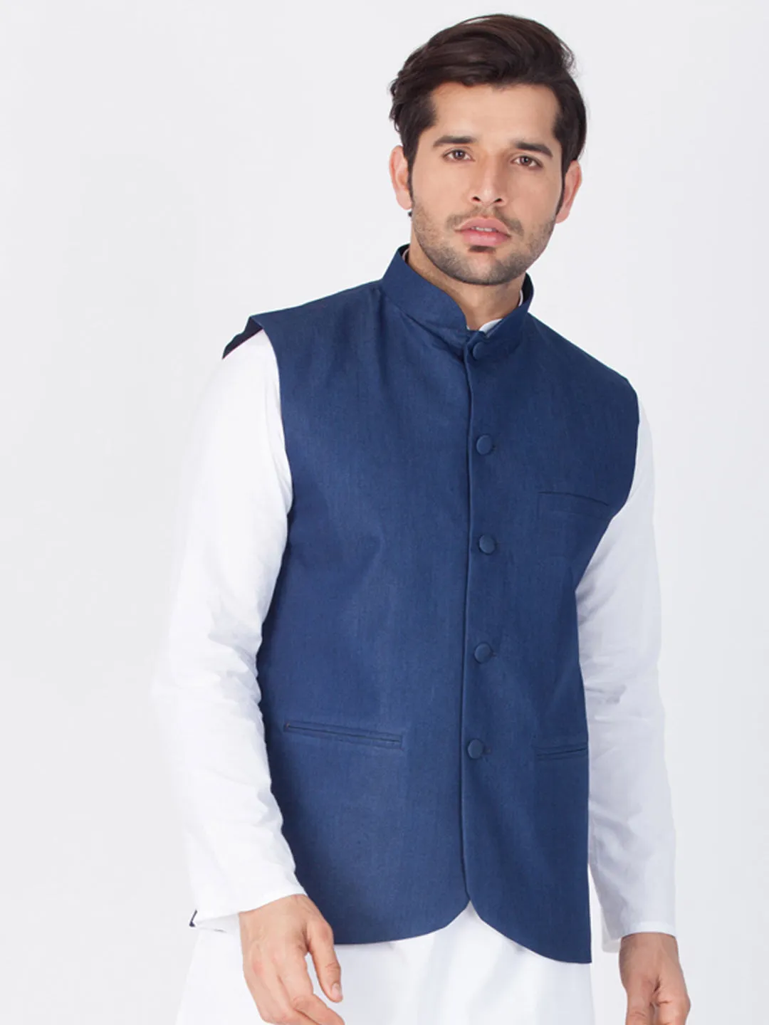 VASTRAMAY Men's Blue Cotton Blend Ethnic Jacket