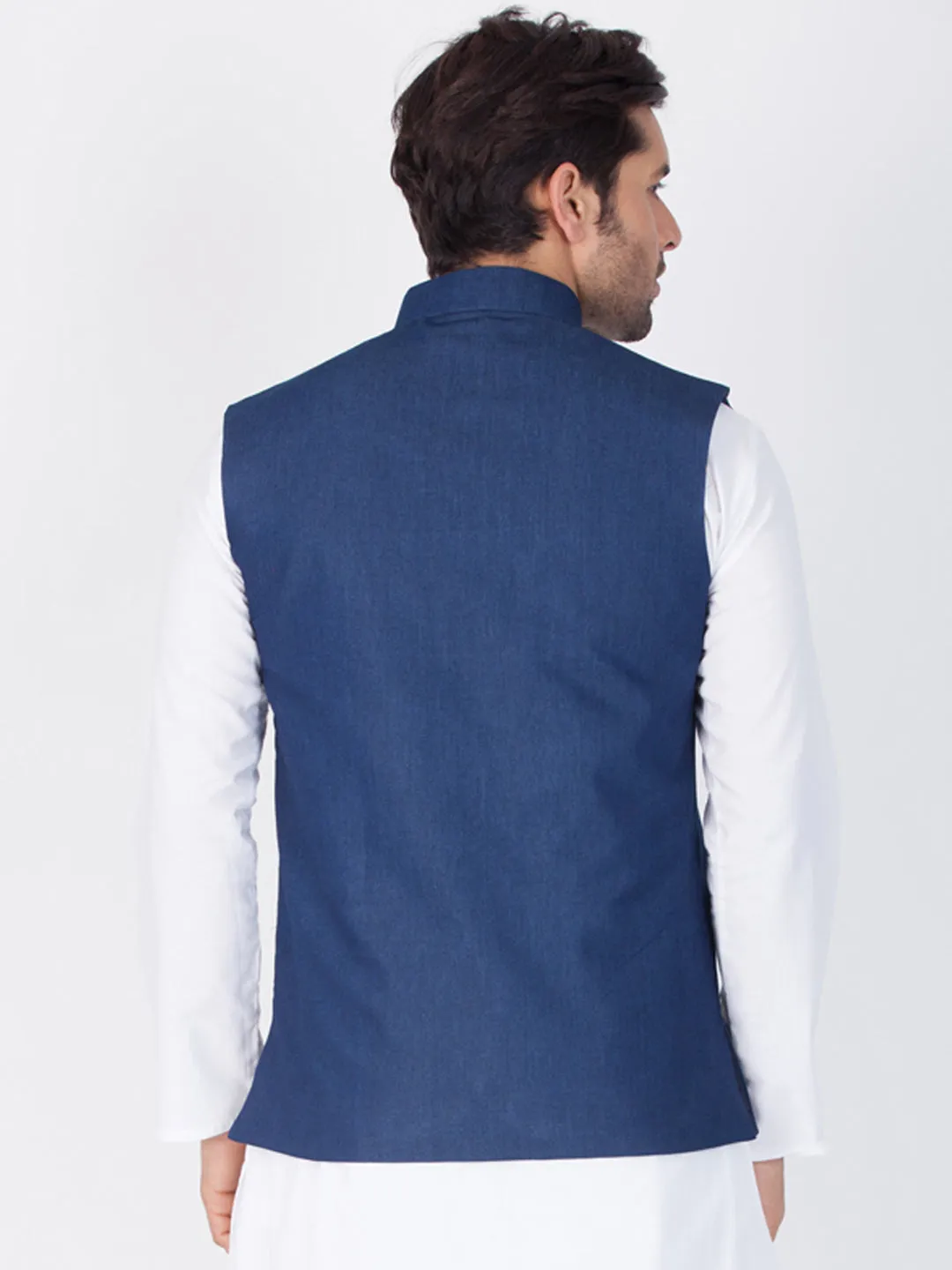 VASTRAMAY Men's Blue Cotton Blend Ethnic Jacket