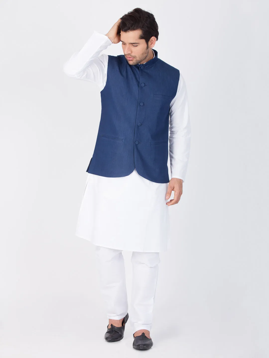 VASTRAMAY Men's Blue Cotton Blend Ethnic Jacket