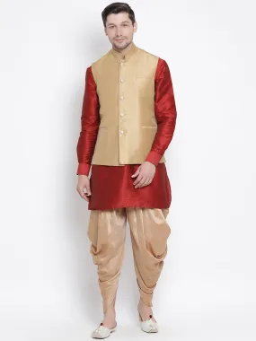 VASTRAMAY Men's Maroon Cotton Silk Blend Ethnic Jacket, Kurta and Dhoti Pant Set