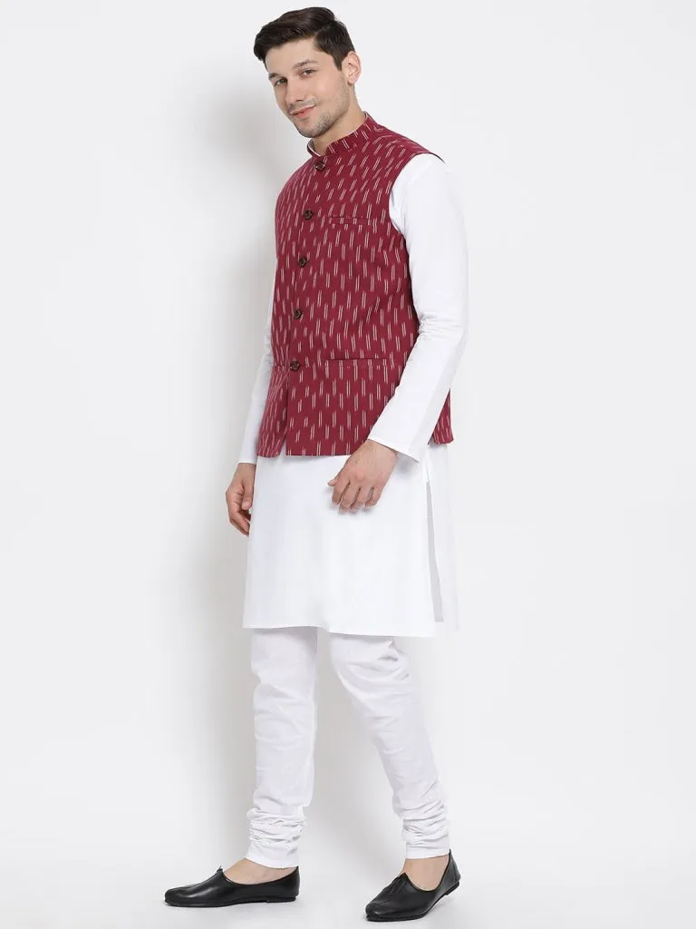 VASTRAMAY Men's White Cotton Kurta, Ethnic Jacket and Pyjama Set