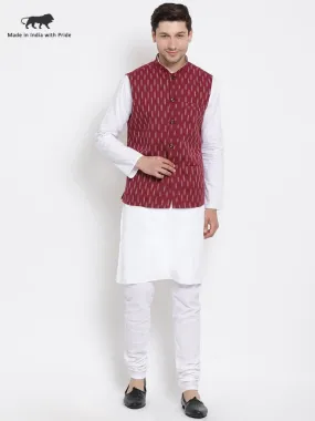 VASTRAMAY Men's White Cotton Kurta, Ethnic Jacket and Pyjama Set