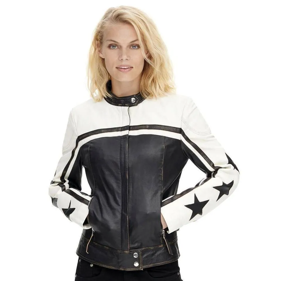 White womens leather jacket with black stars