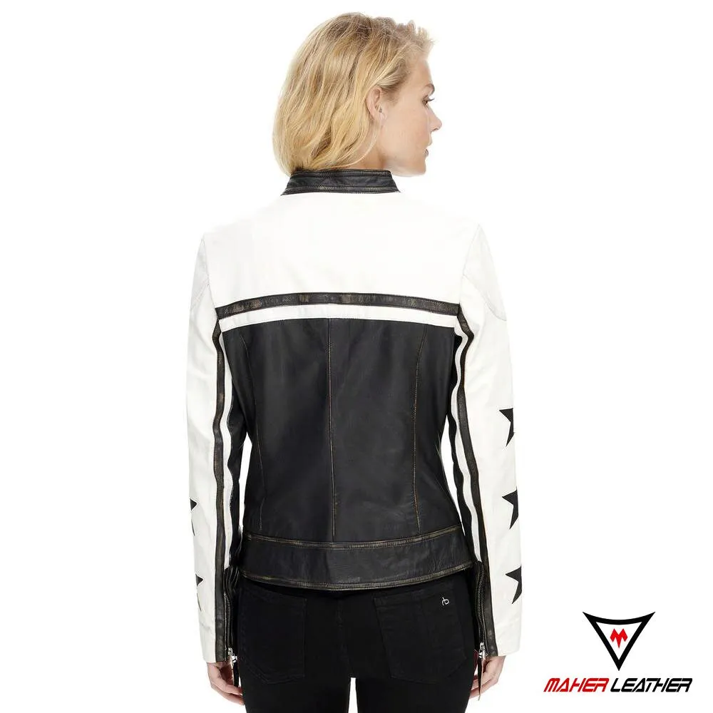 White womens leather jacket with black stars