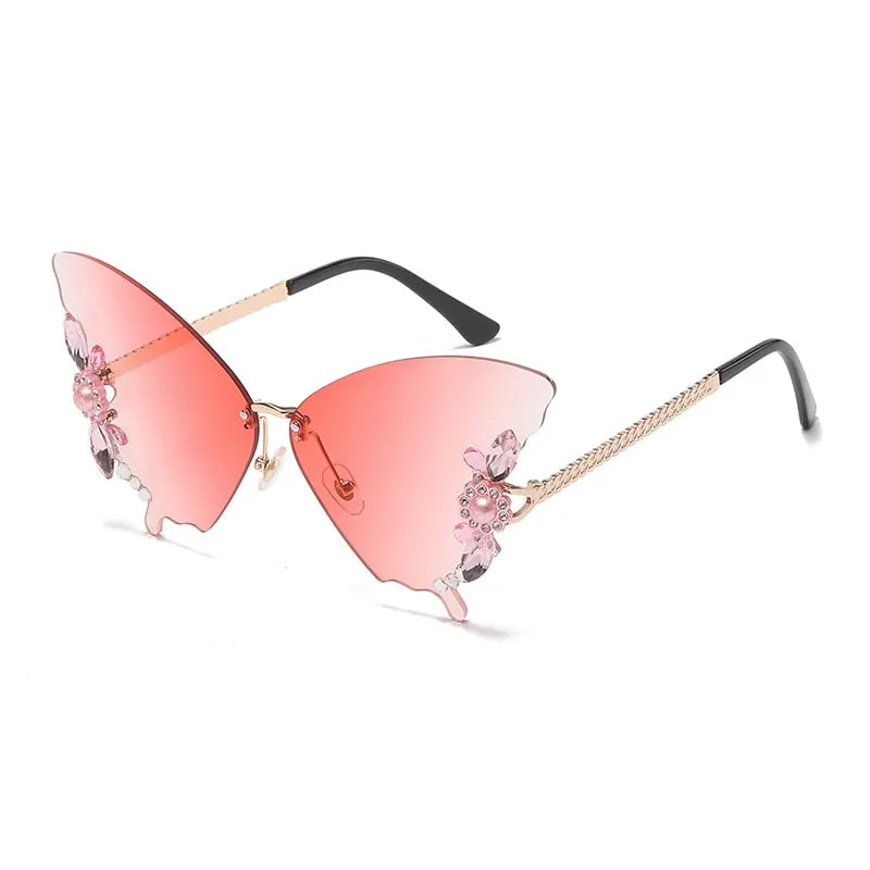 Women's Butterfly Crystal Decor Rimless Gradient Shade Sunglasses