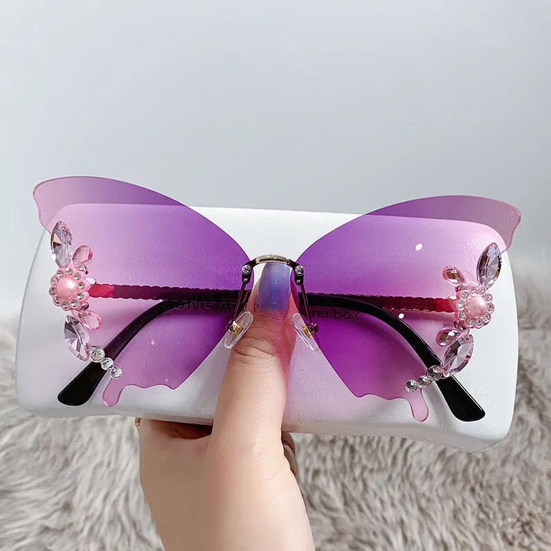 Women's Butterfly Crystal Decor Rimless Gradient Shade Sunglasses