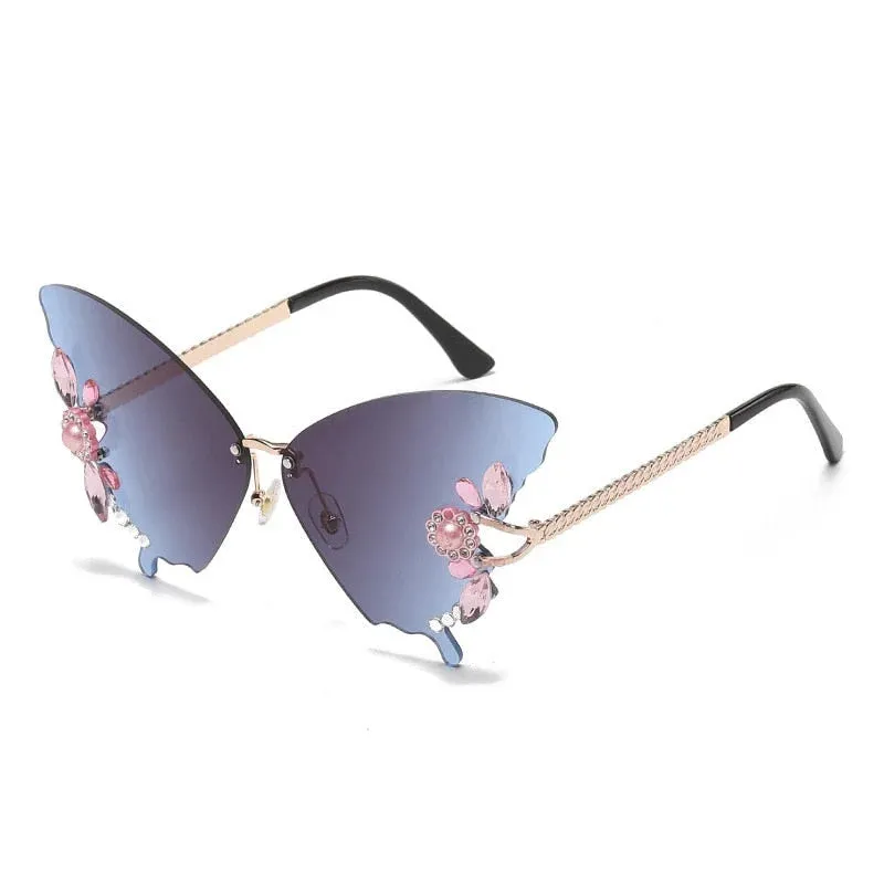 Women's Butterfly Crystal Decor Rimless Gradient Shade Sunglasses