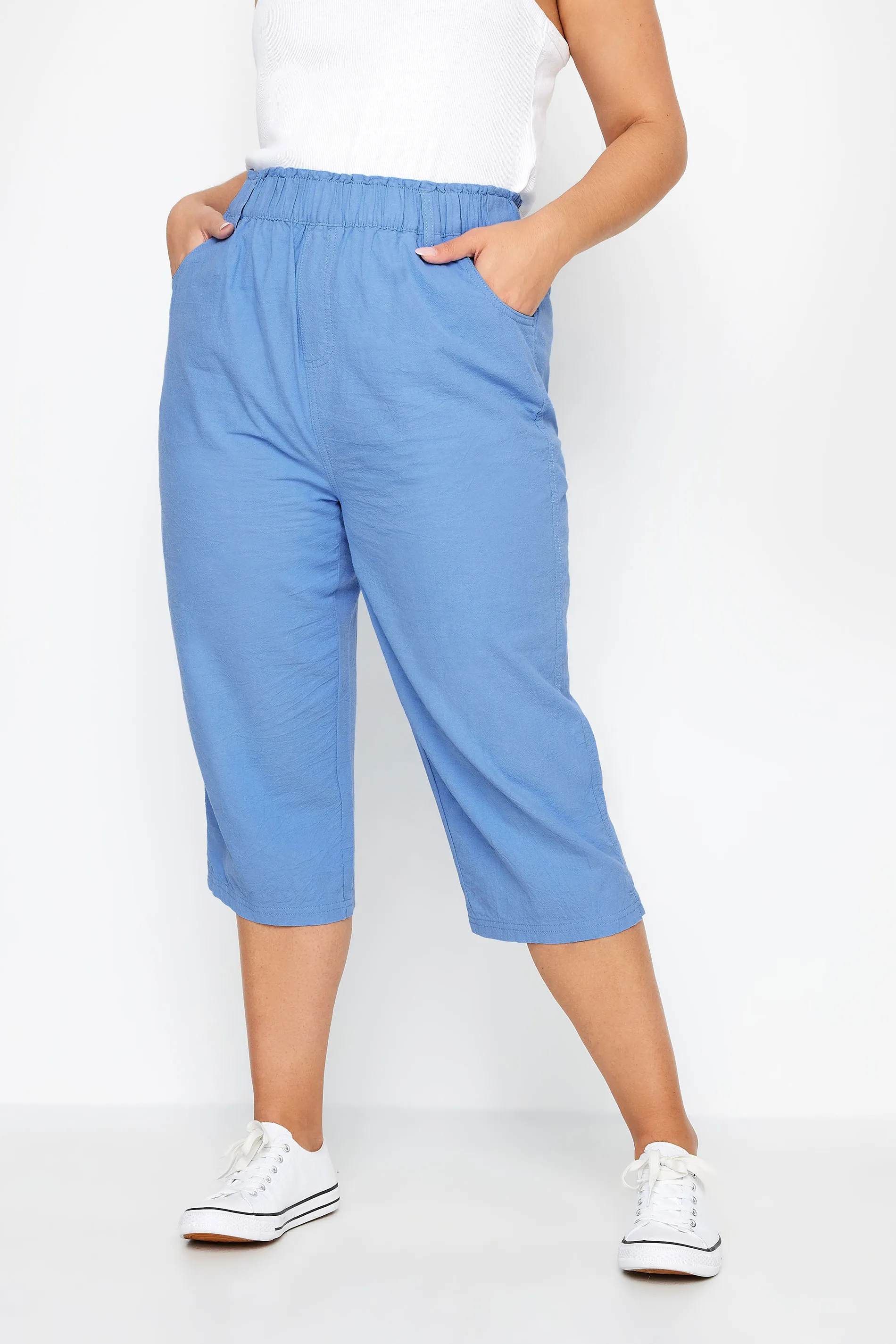 YOURS Curve Blue Elasticated Cool Cotton Cropped Trousers